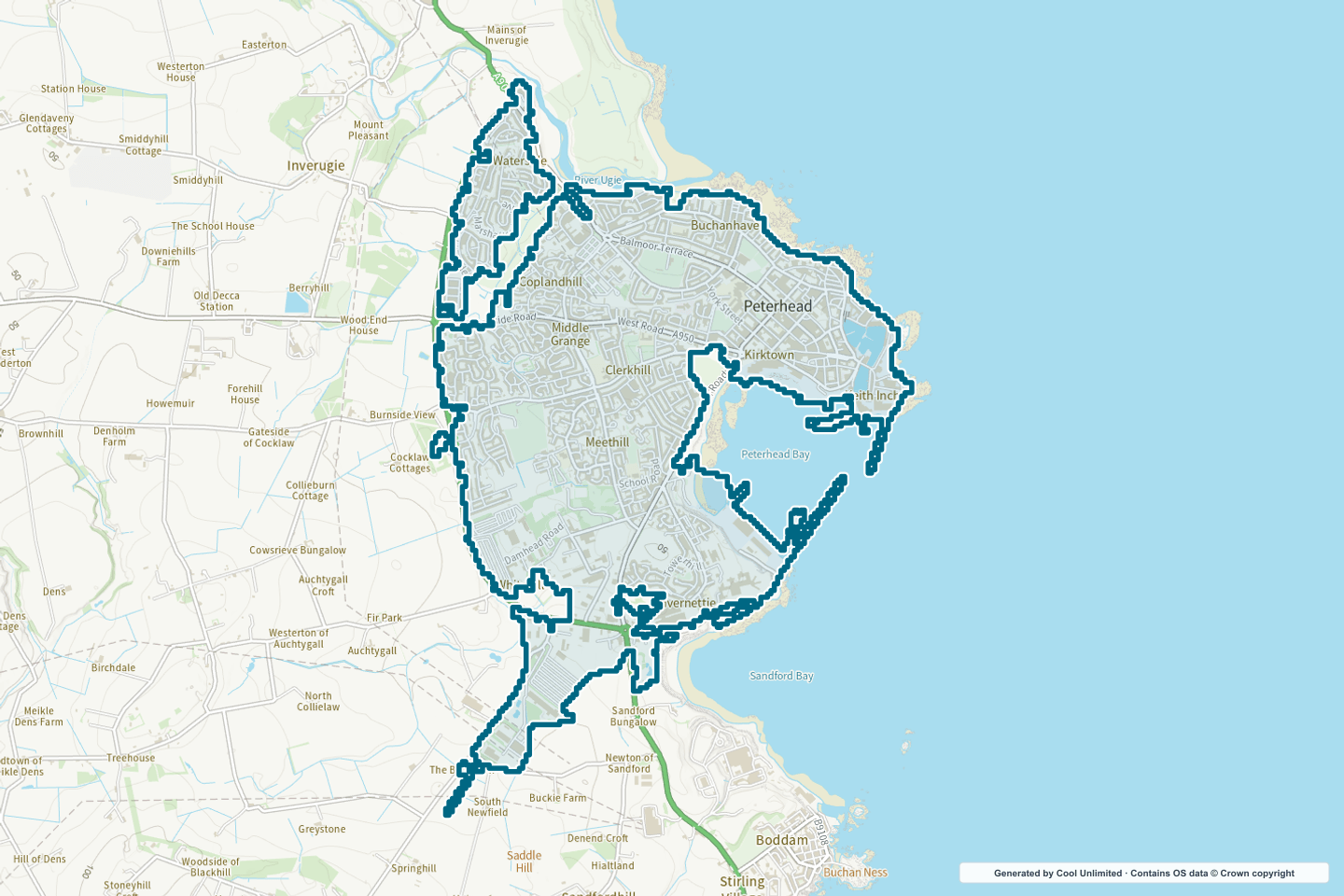 OS OpenData Outdoor map showing the approximate Peterhead selection geography outlined in blue