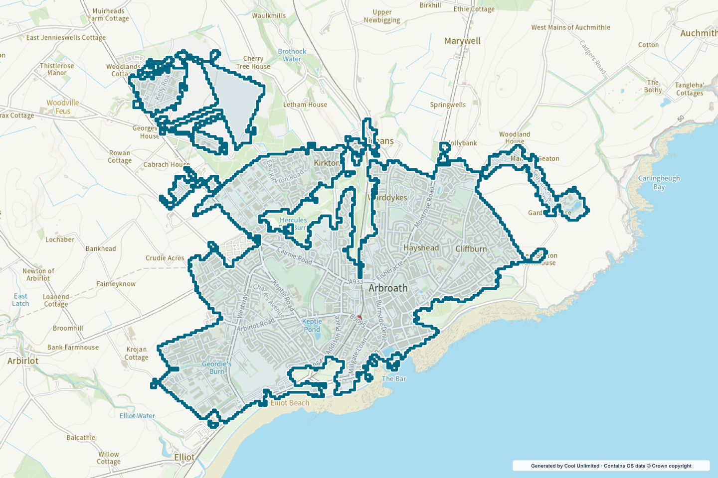 OS OpenData Outdoor map showing the approximate Arbroath selection geography outlined in blue