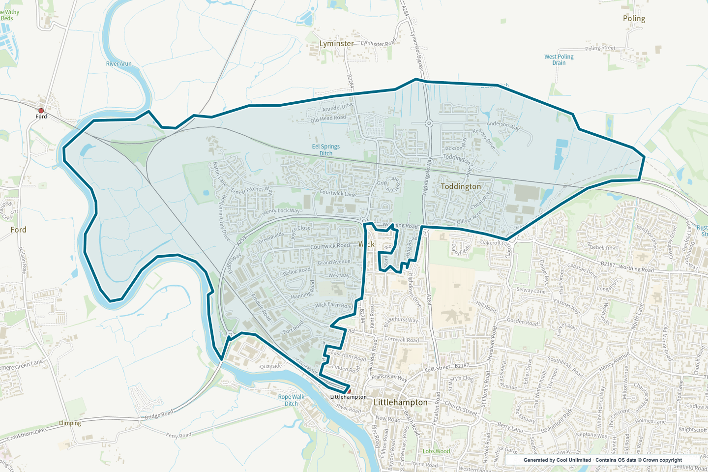 OS OpenData Outdoor map showing the approximate Wick & Toddington selection geography outlined in blue