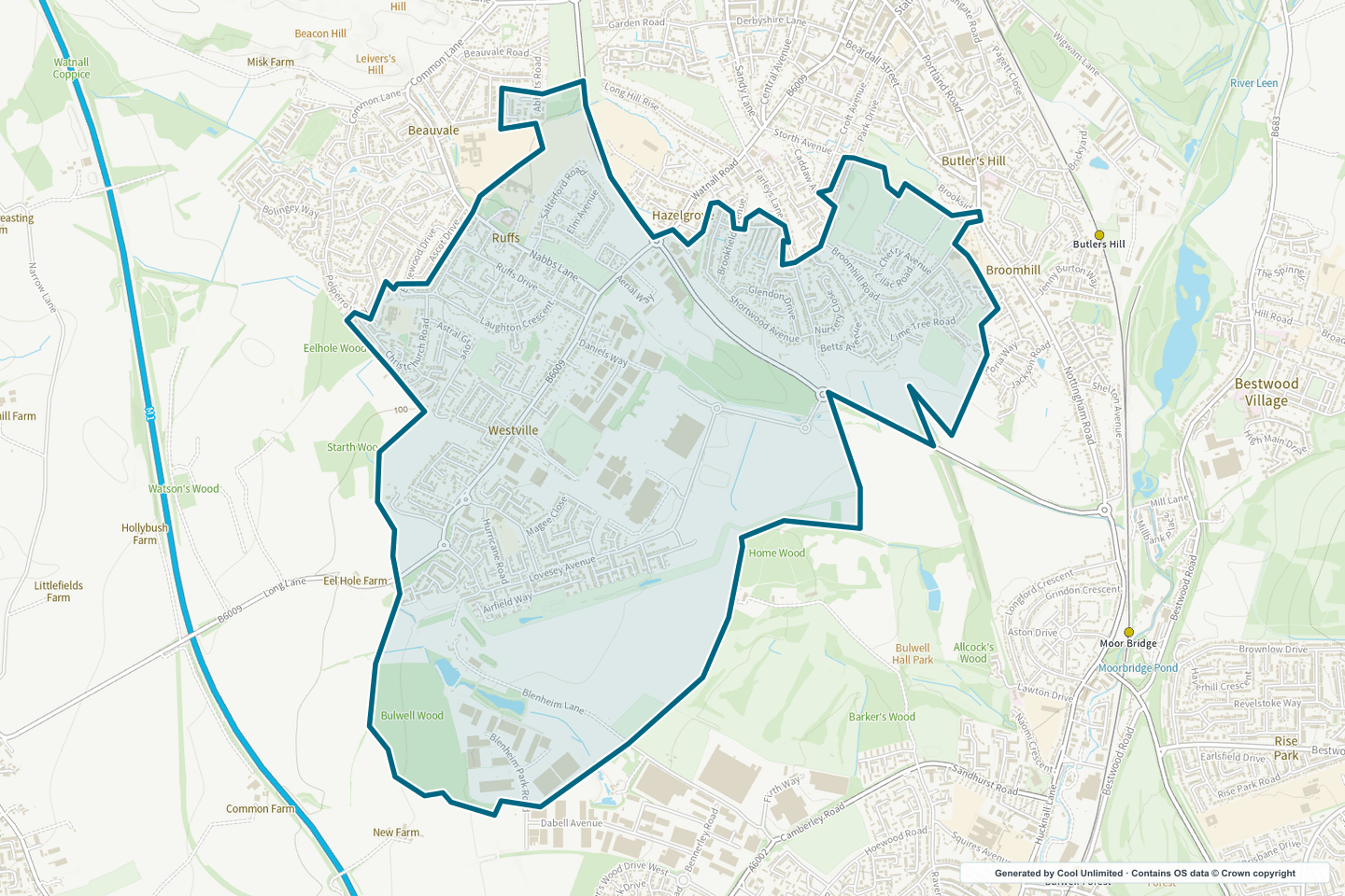 OS OpenData Outdoor map showing the approximate Hucknall Westville selection geography outlined in blue