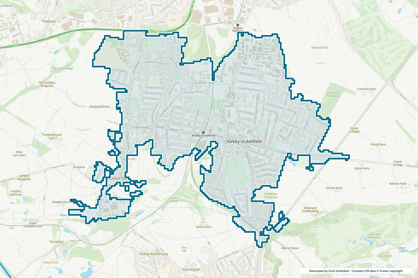 OS OpenData Outdoor map showing the approximate Kirkby-in-Ashfield selection geography outlined in blue