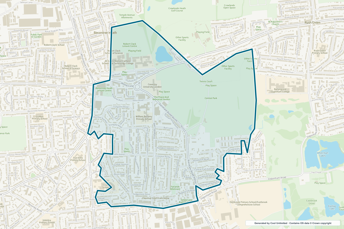 OS OpenData Outdoor map showing the approximate Central Park & Frizlands Lane selection geography outlined in blue