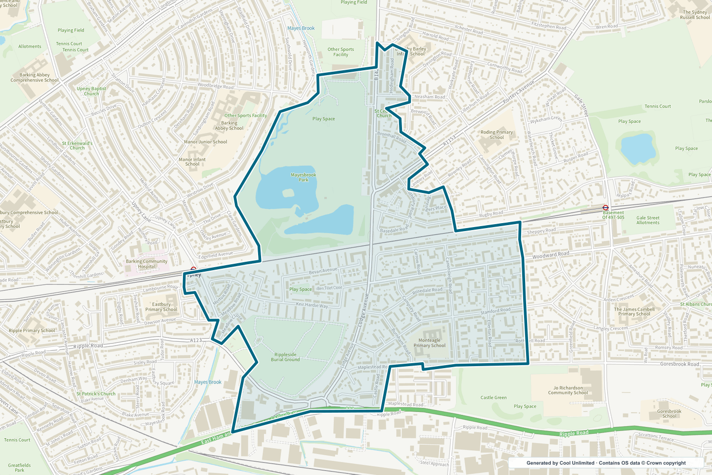 OS OpenData Outdoor map showing the approximate Mayesbrook Park & Rippleside selection geography outlined in blue