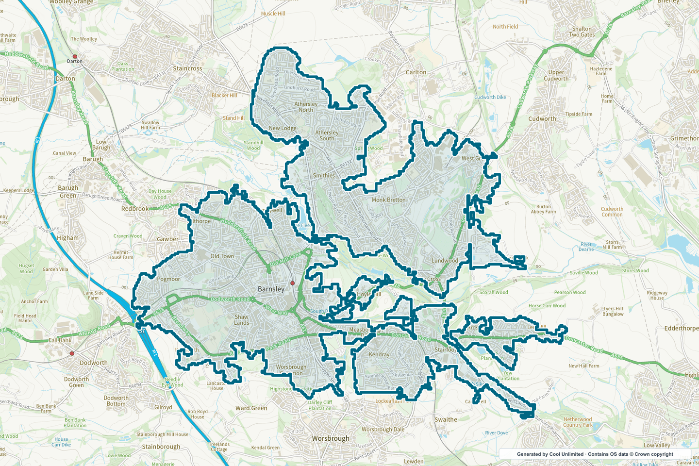 OS OpenData Outdoor map showing the approximate Barnsley selection geography outlined in blue