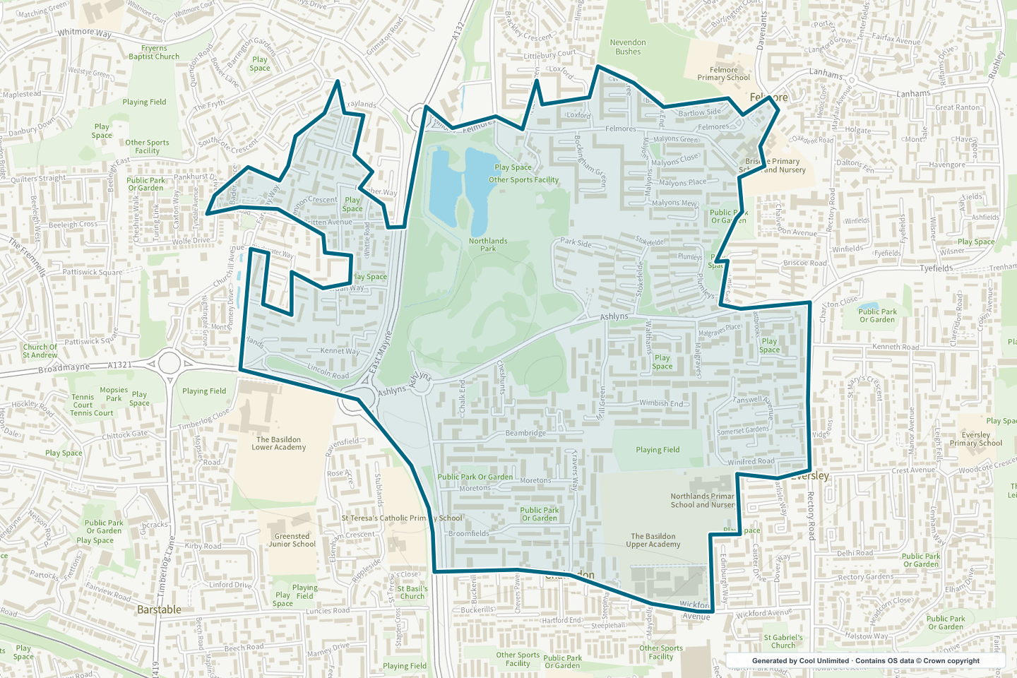 OS OpenData Outdoor map showing the approximate Chalvedon selection geography outlined in blue