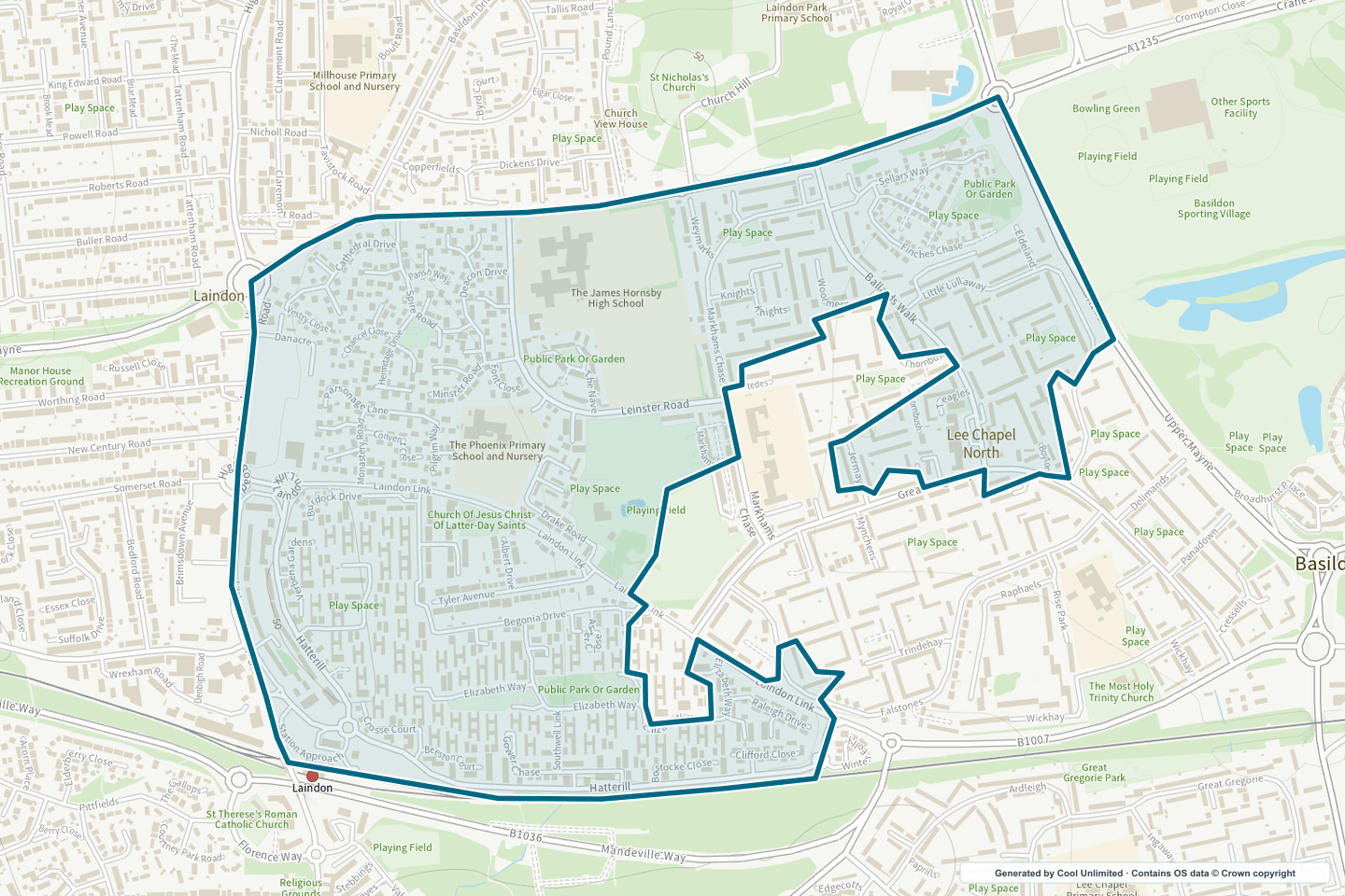 OS OpenData Outdoor map showing the approximate Laindon Central selection geography outlined in blue