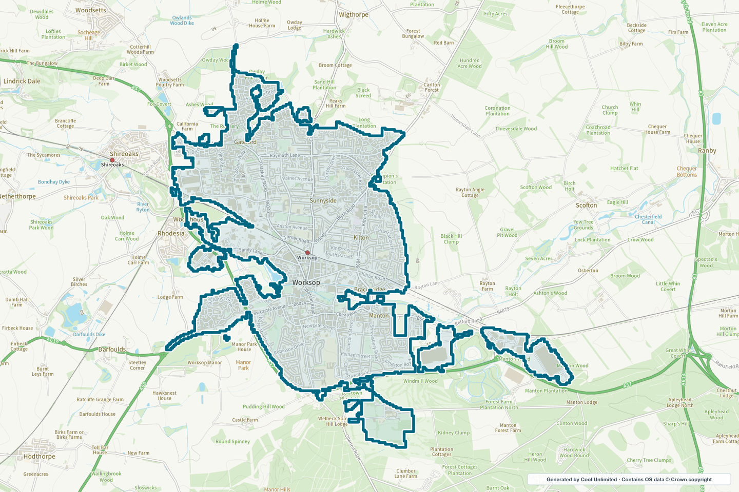 OS OpenData Outdoor map showing the approximate Worksop selection geography outlined in blue