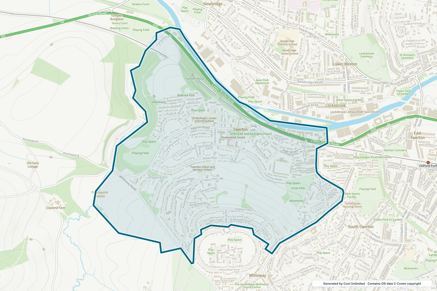 OS OpenData Outdoor map showing the approximate Twerton selection geography outlined in blue