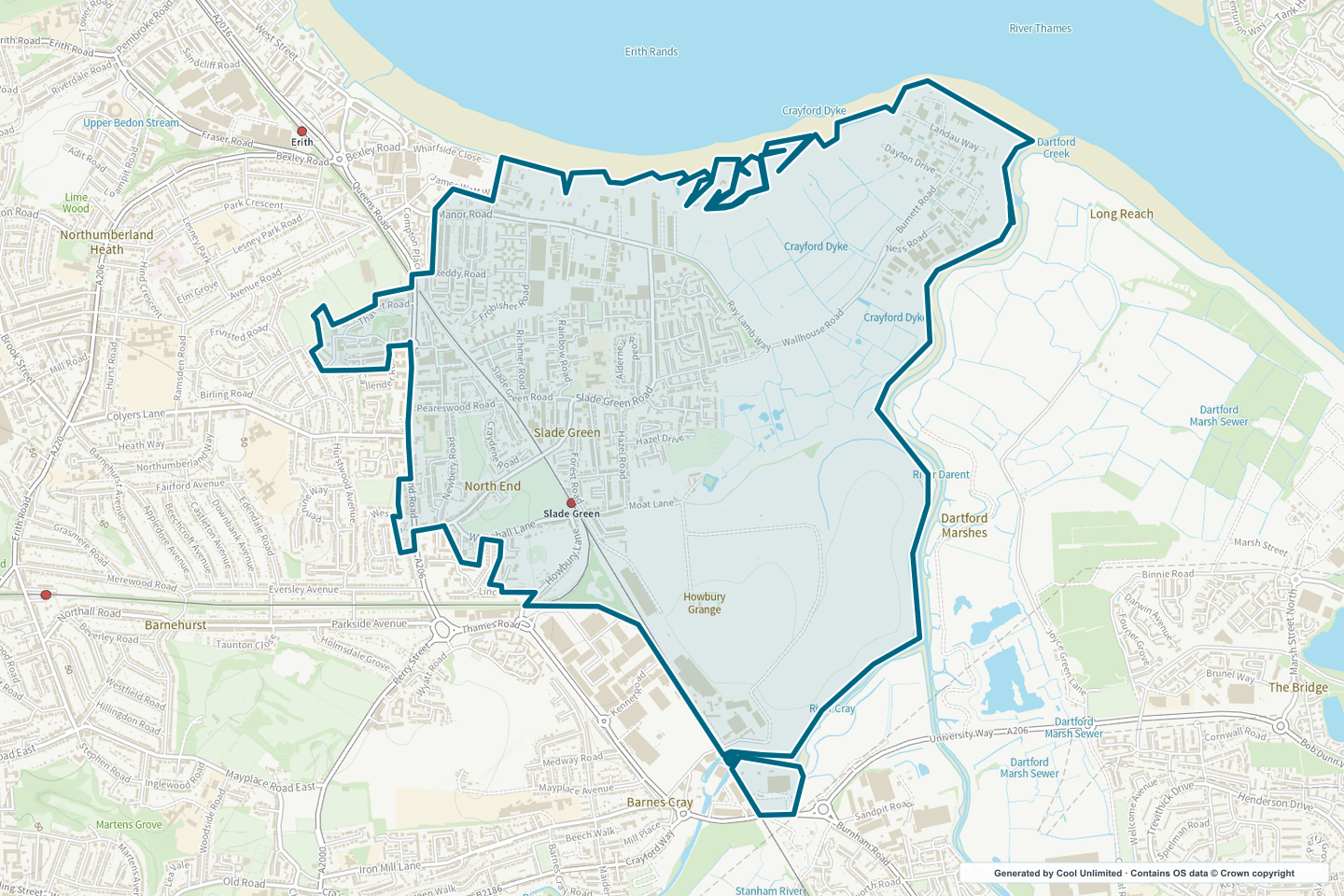 OS OpenData Outdoor map showing the approximate Slade Green & Crayford Marshes selection geography outlined in blue