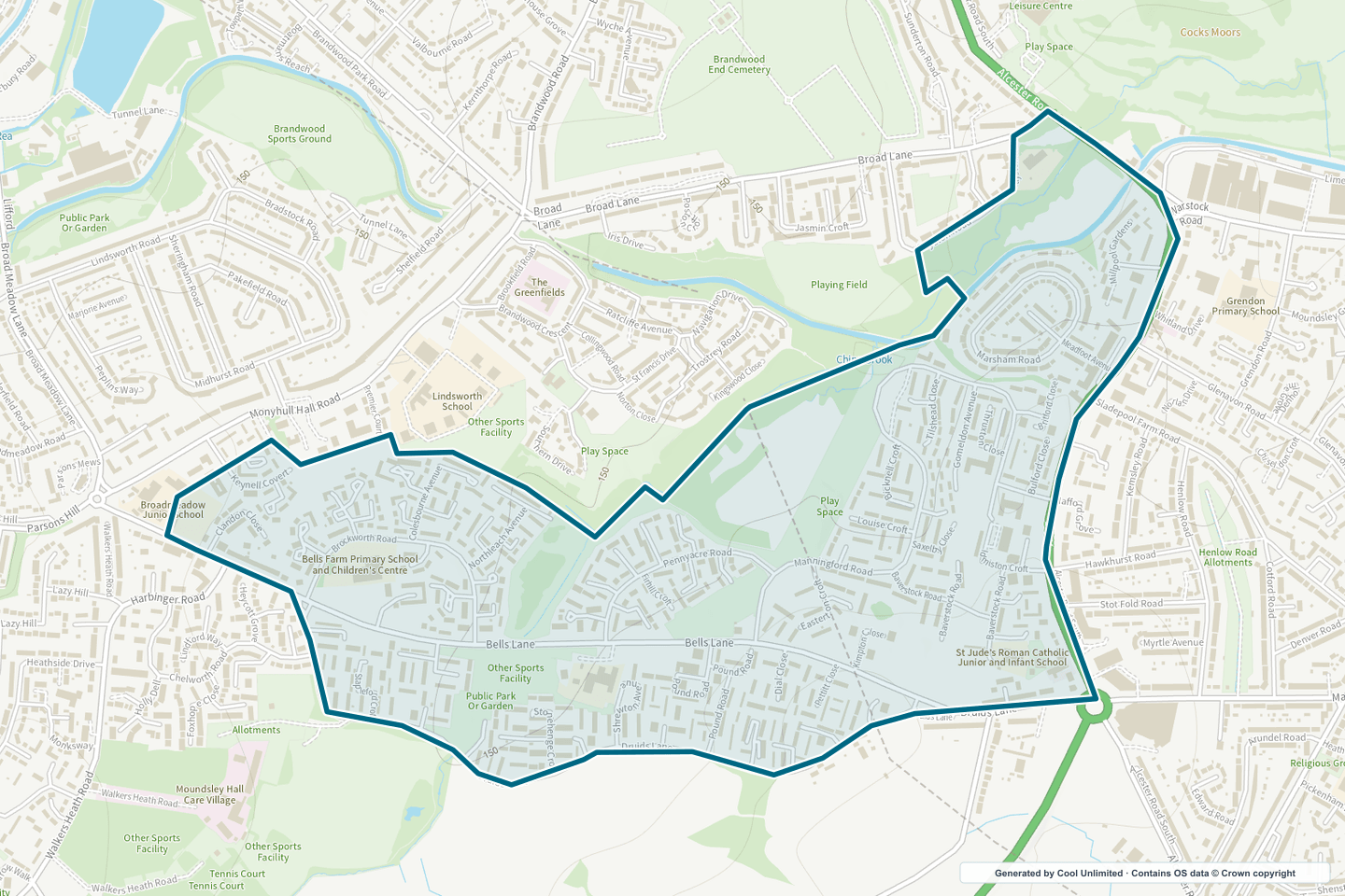OS OpenData Outdoor map showing the approximate Druids Heath selection geography outlined in blue