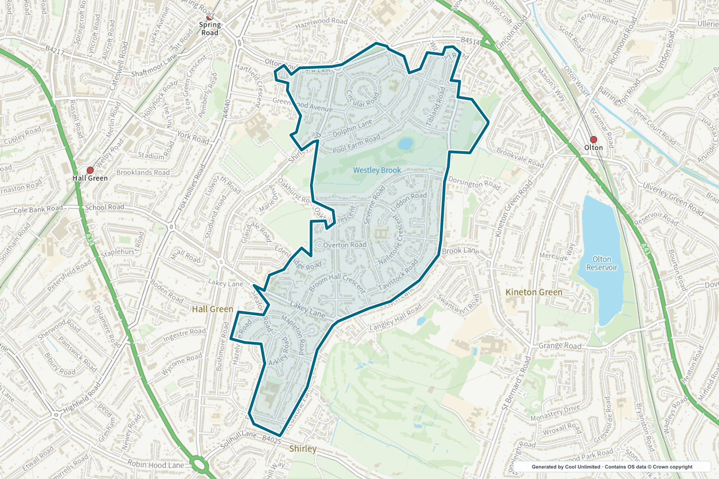 OS OpenData Outdoor map showing the approximate Fox Hollies selection geography outlined in blue