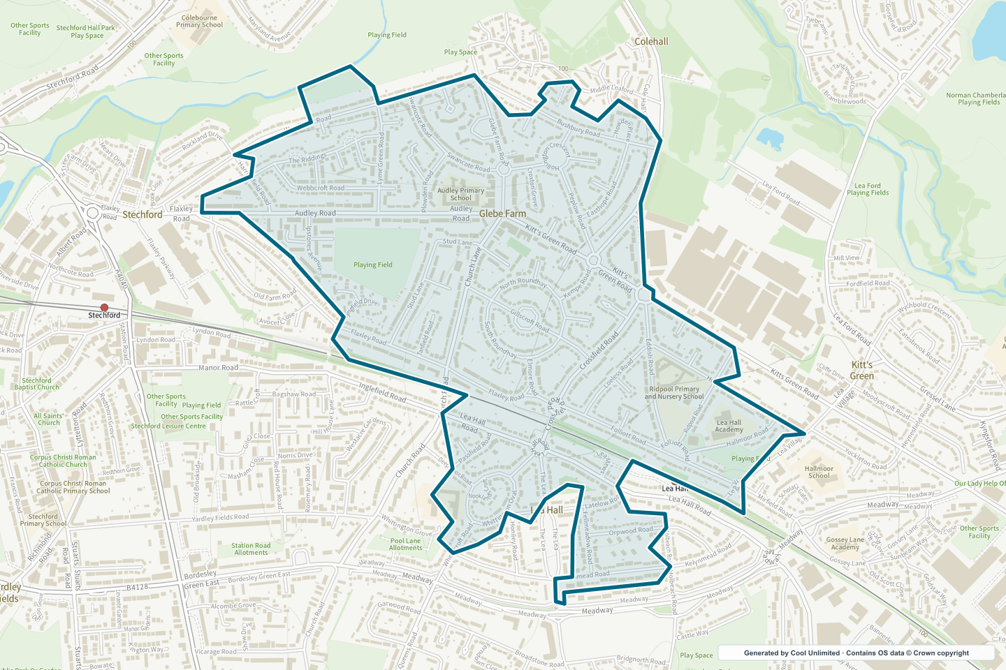 OS OpenData Outdoor map showing the approximate Glebe Farm selection geography outlined in blue