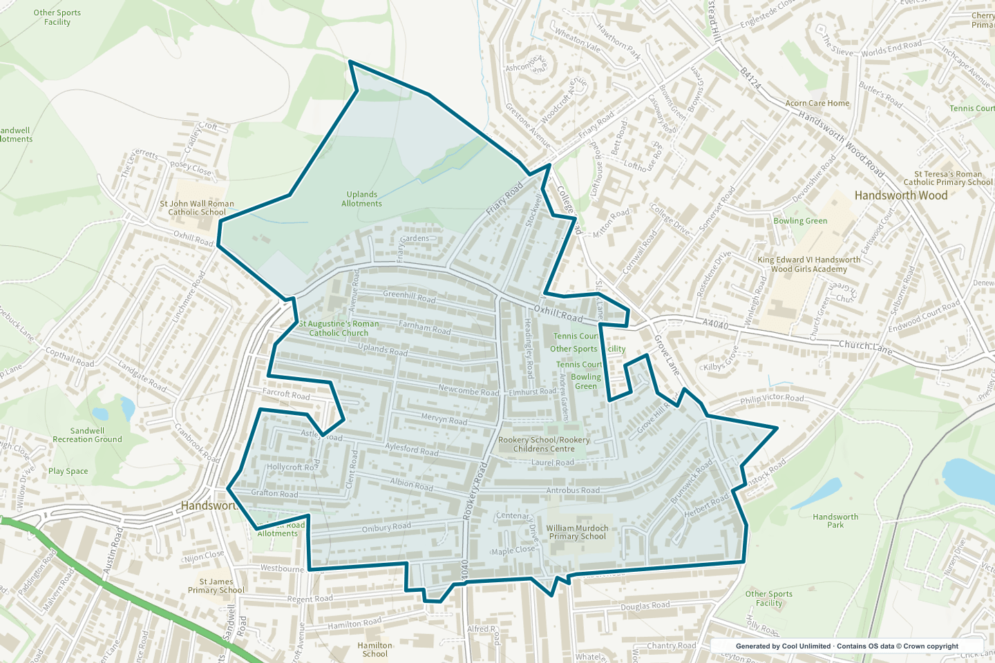 OS OpenData Outdoor map showing the approximate Handsworth West selection geography outlined in blue