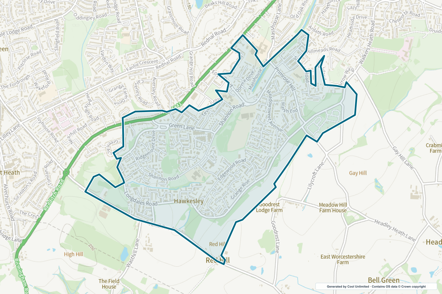 OS OpenData Outdoor map showing the approximate Hawkesley selection geography outlined in blue
