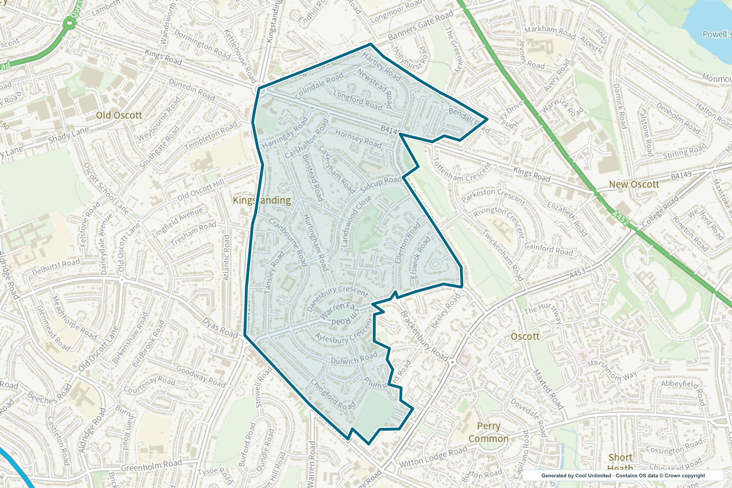 OS OpenData Outdoor map showing the approximate Kingstanding South East selection geography outlined in blue