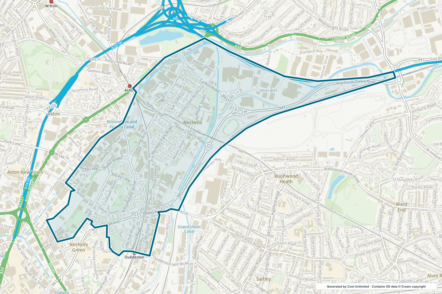 OS OpenData Outdoor map showing the approximate Nechells selection geography outlined in blue