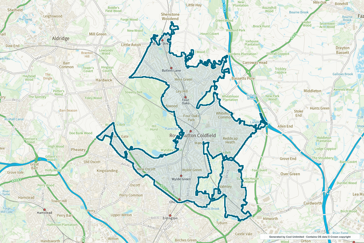 OS OpenData Outdoor map showing the approximate Royal Sutton Coldfield selection geography outlined in blue