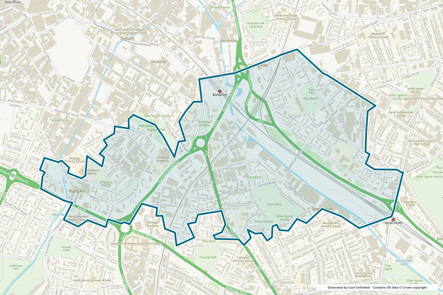 OS OpenData Outdoor map showing the approximate Sparkbrook North selection geography outlined in blue