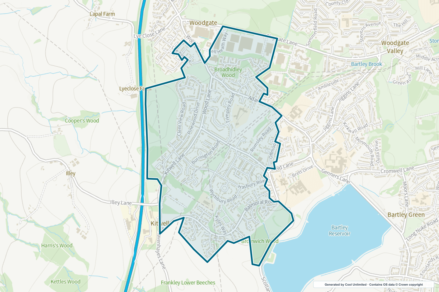 OS OpenData Outdoor map showing the approximate Woodgate selection geography outlined in blue