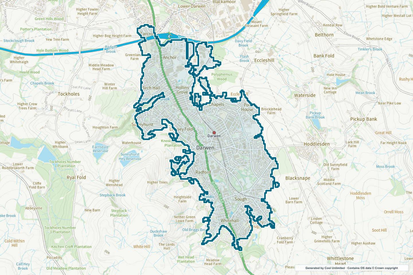 OS OpenData Outdoor map showing the approximate Darwen selection geography outlined in blue