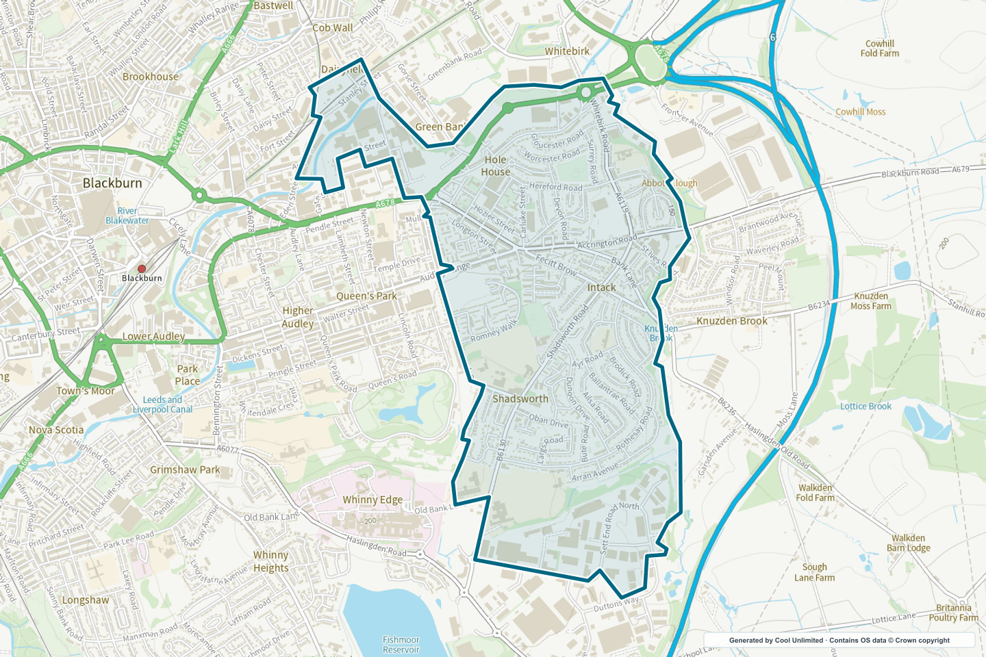 OS OpenData Outdoor map showing the approximate Shadsworth & Intack selection geography outlined in blue