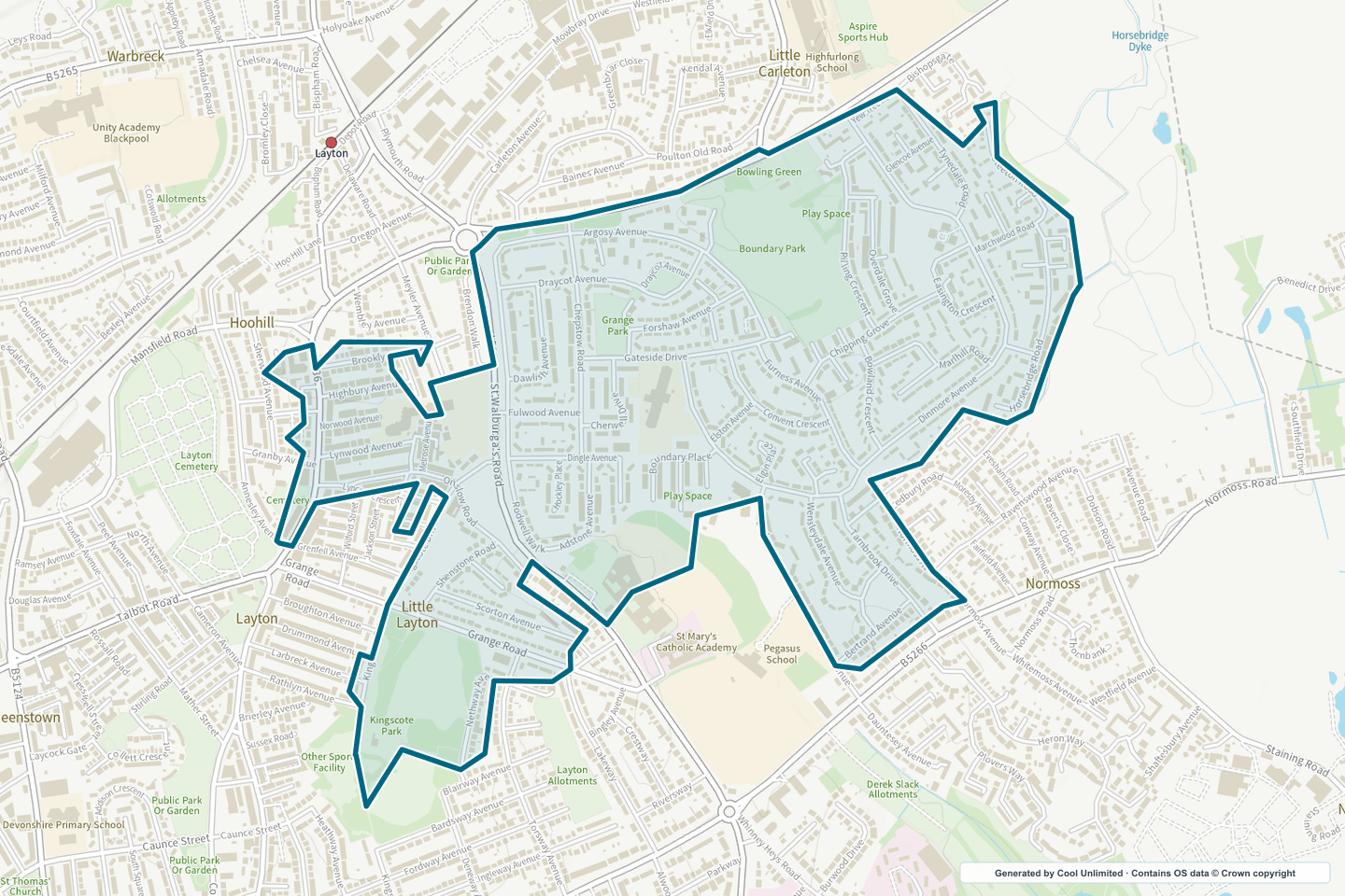 OS OpenData Outdoor map showing the approximate Little Layton & Little Carleton selection geography outlined in blue