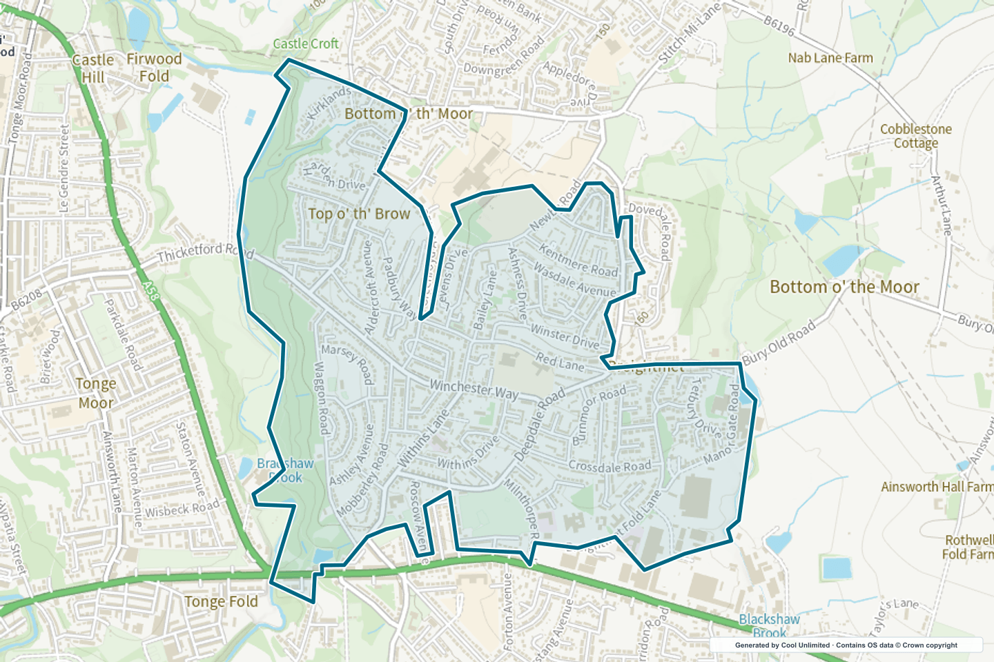 OS OpenData Outdoor map showing the approximate Breightmet North selection geography outlined in blue