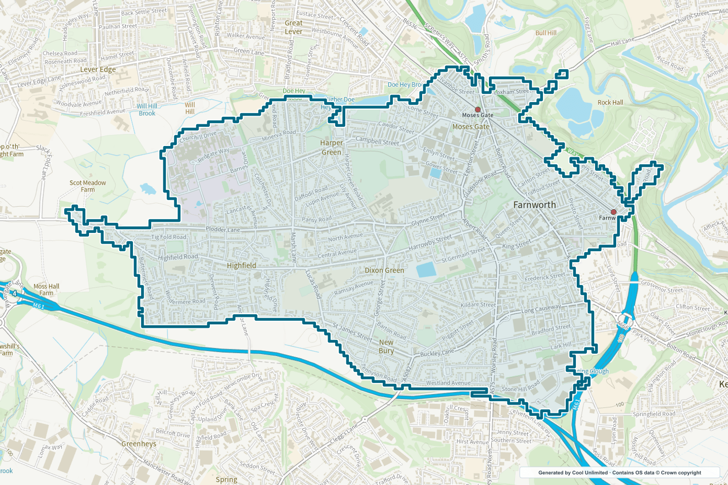 OS OpenData Outdoor map showing the approximate Farnworth selection geography outlined in blue