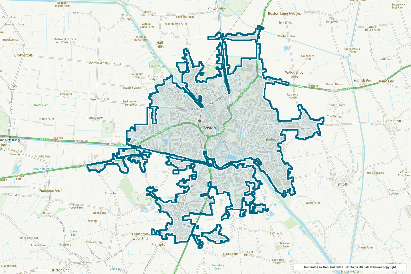 OS OpenData Outdoor map showing the approximate Boston selection geography outlined in blue