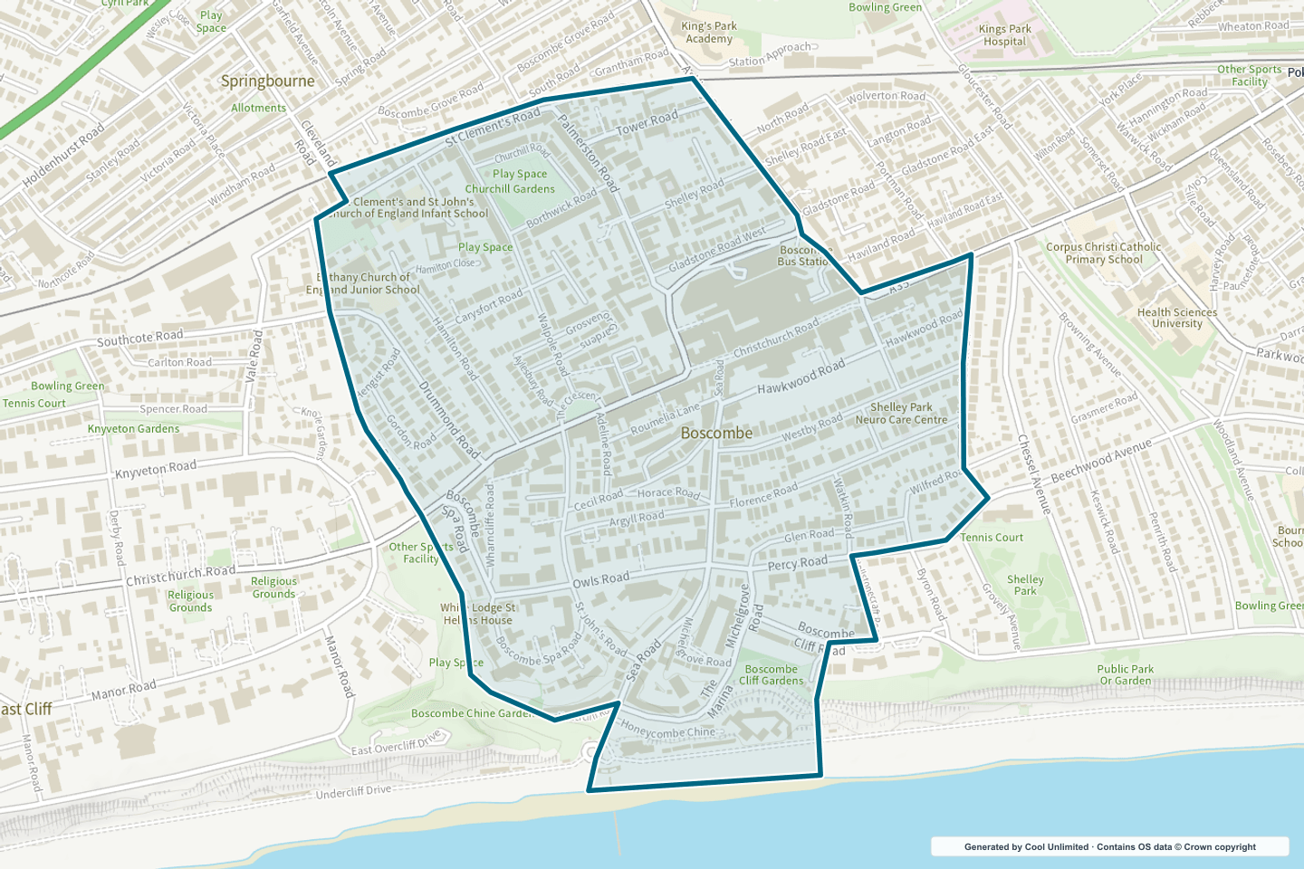 OS OpenData Outdoor map showing the approximate Boscombe West selection geography outlined in blue
