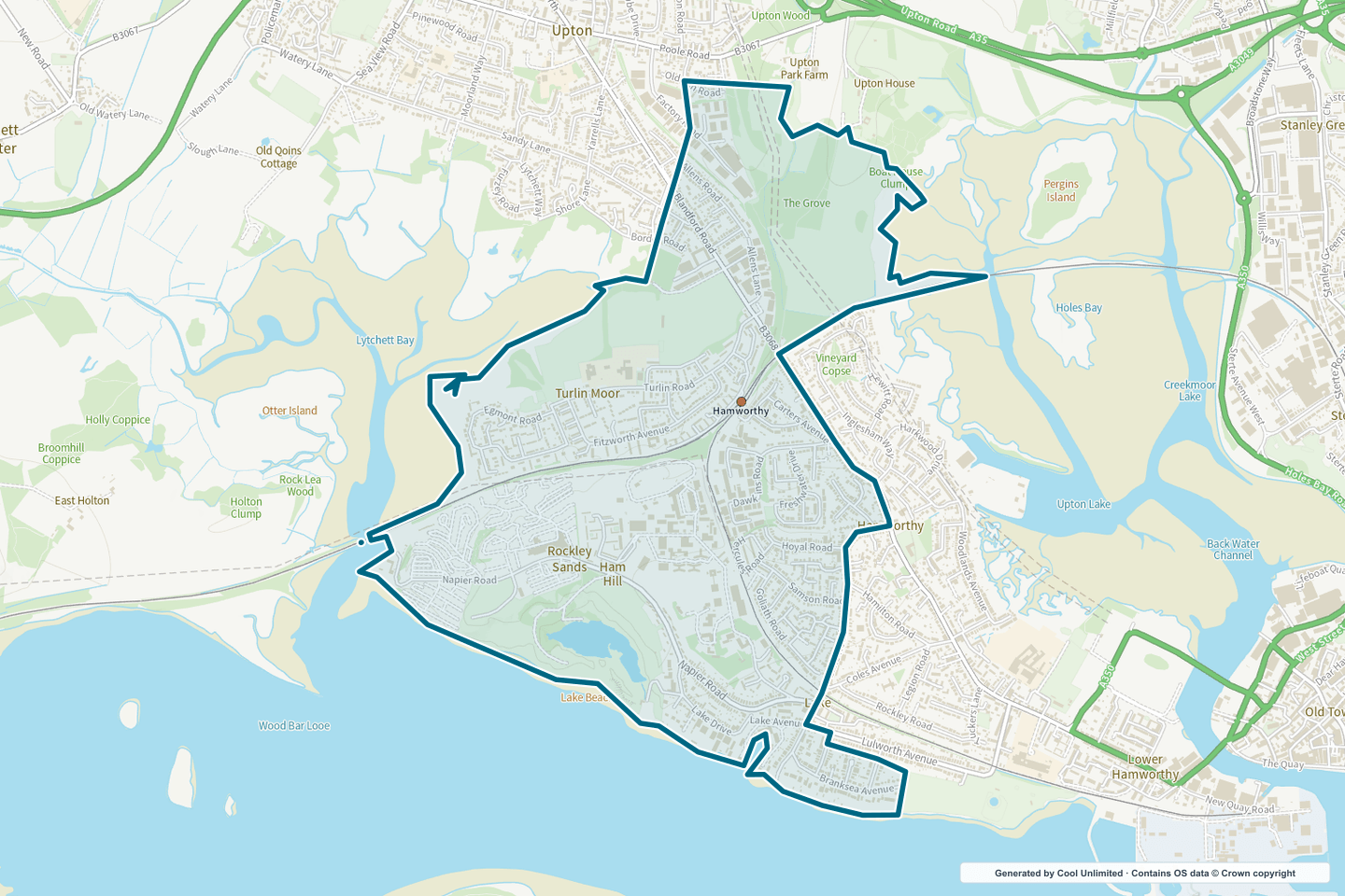 OS OpenData Outdoor map showing the approximate Hamworthy West selection geography outlined in blue