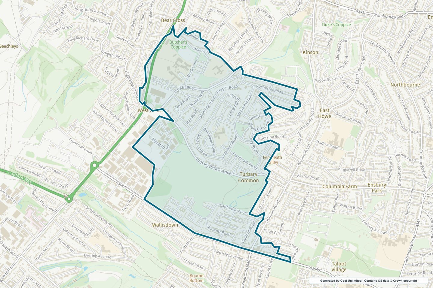 OS OpenData Outdoor map showing the approximate West Howe selection geography outlined in blue