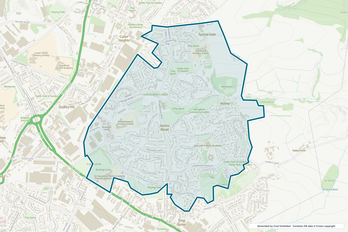 OS OpenData Outdoor map showing the approximate Holme Wood selection geography outlined in blue