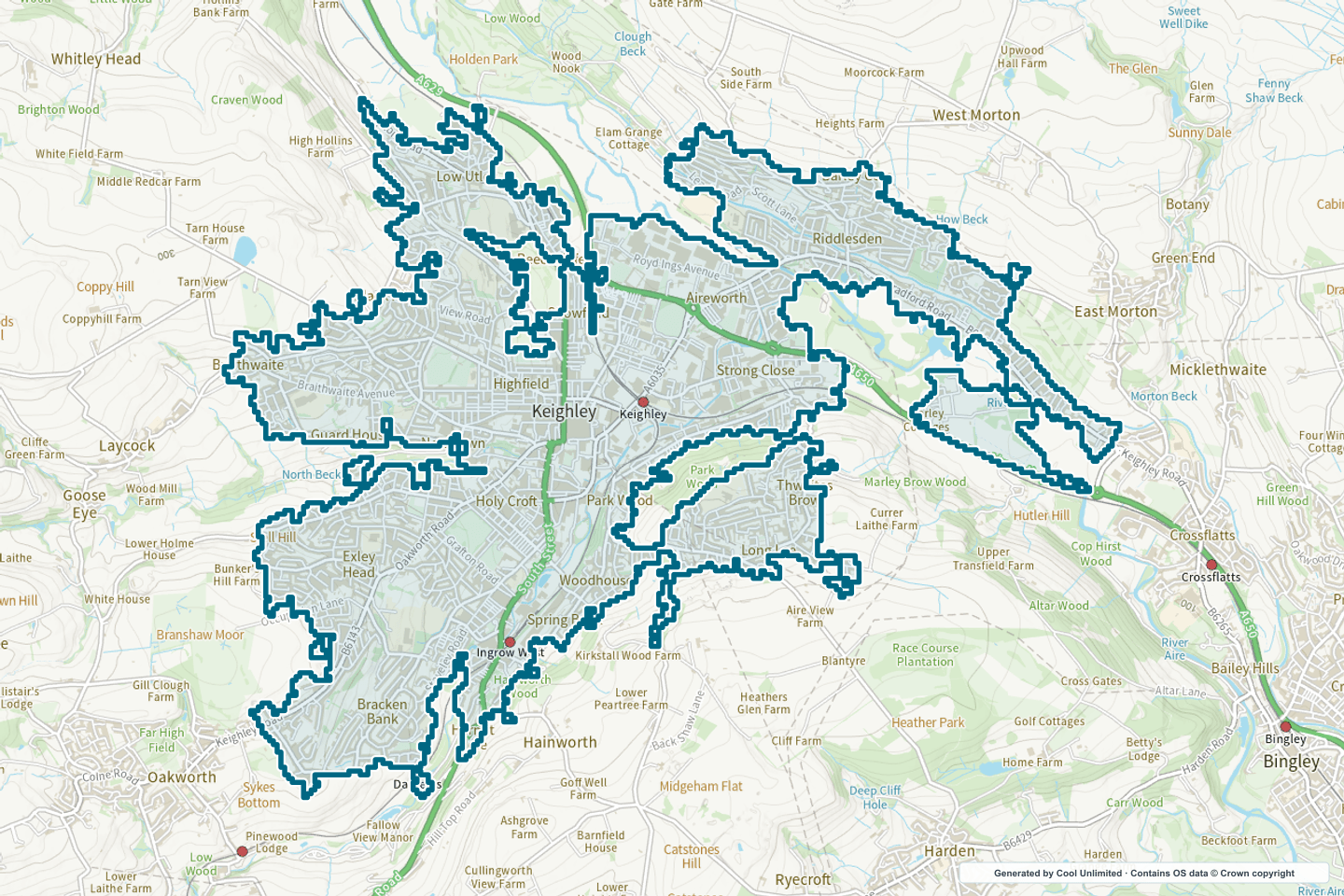 OS OpenData Outdoor map showing the approximate Keighley selection geography outlined in blue