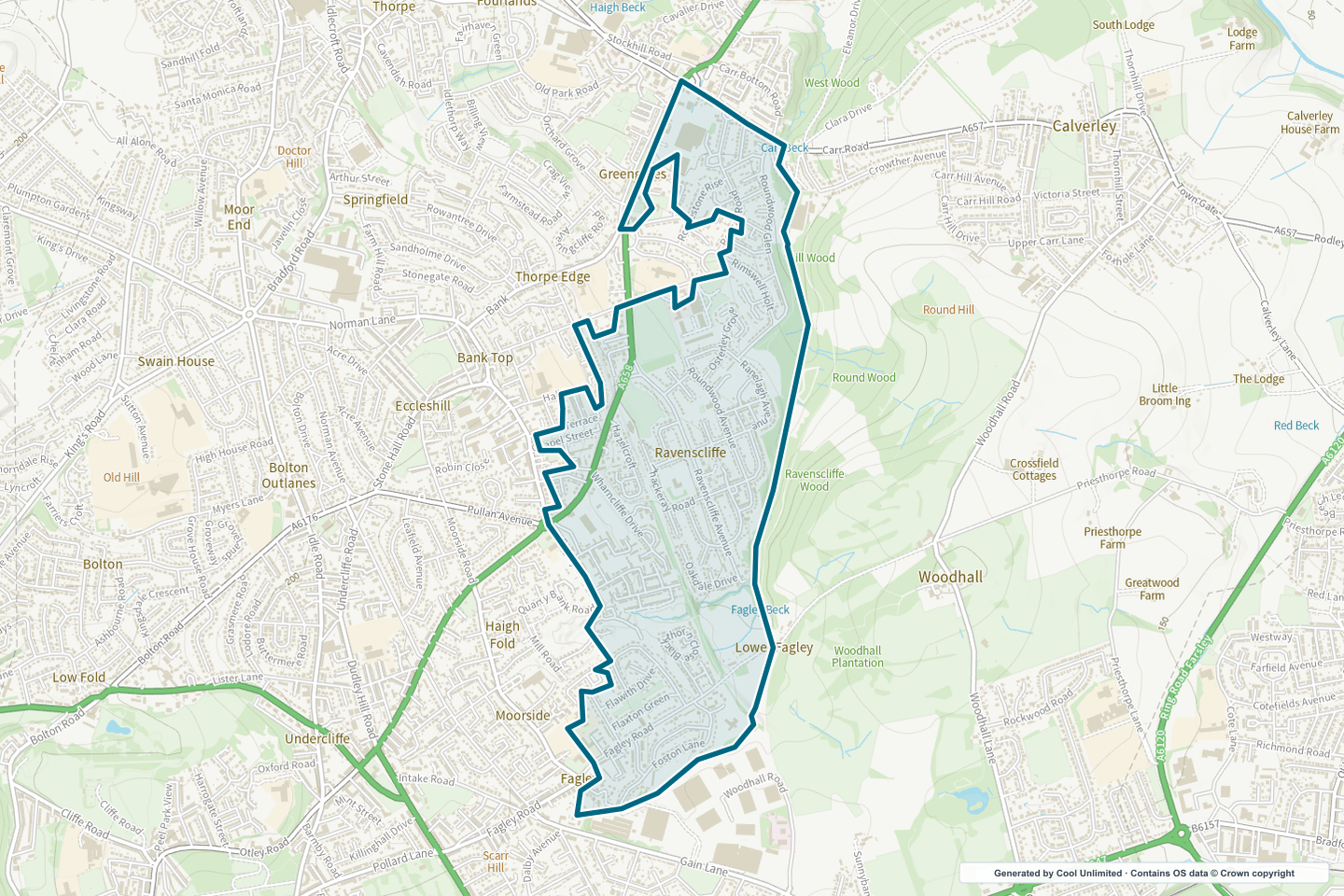 OS OpenData Outdoor map showing the approximate Ravenscliffe selection geography outlined in blue