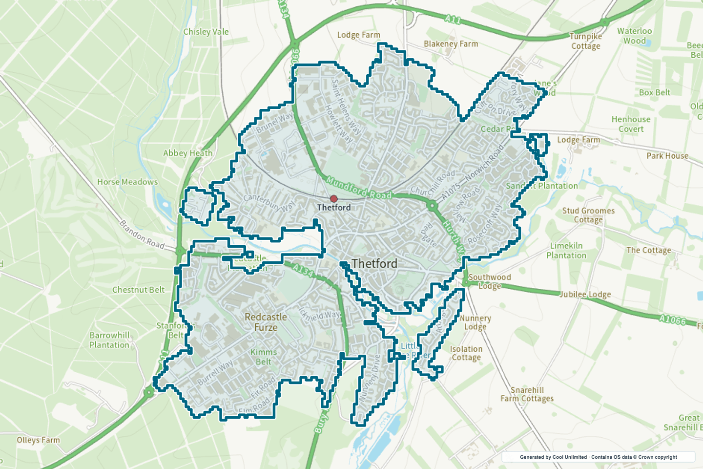 OS OpenData Outdoor map showing the approximate Thetford selection geography outlined in blue