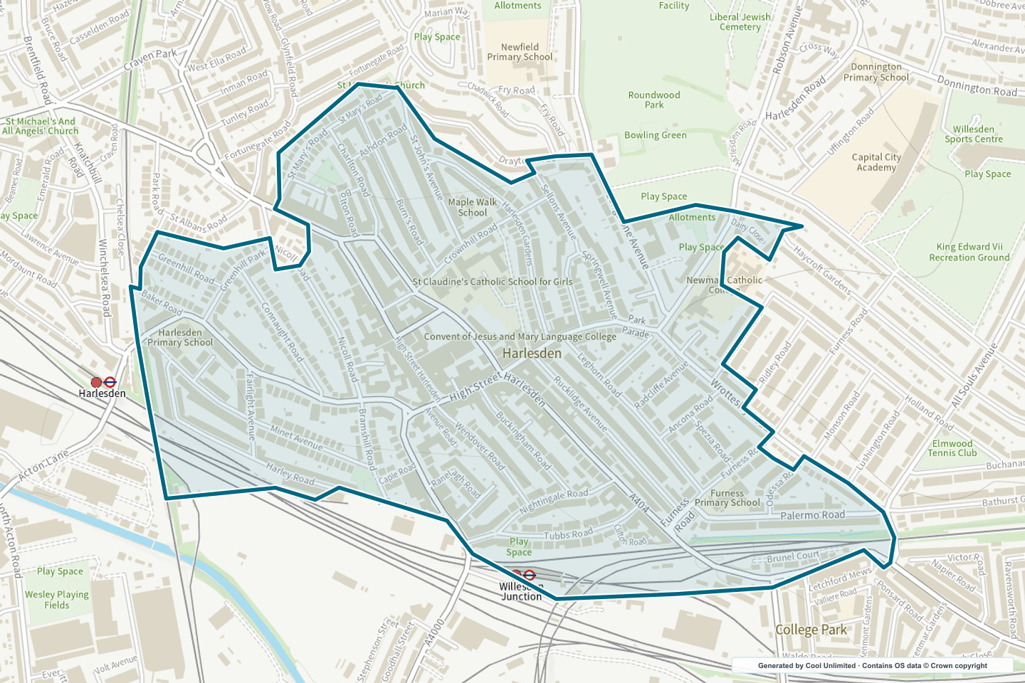 OS OpenData Outdoor map showing the approximate Harlesden selection geography outlined in blue