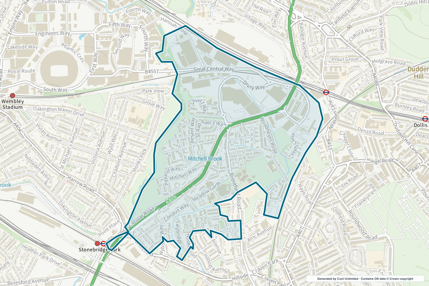 OS OpenData Outdoor map showing the approximate St Raphaels selection geography outlined in blue