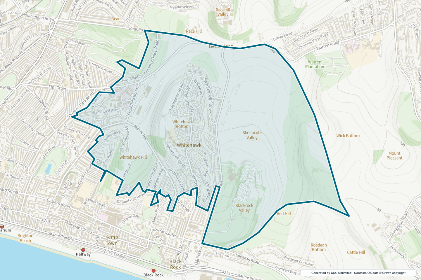 OS OpenData Outdoor map showing the approximate Whitehawk selection geography outlined in blue