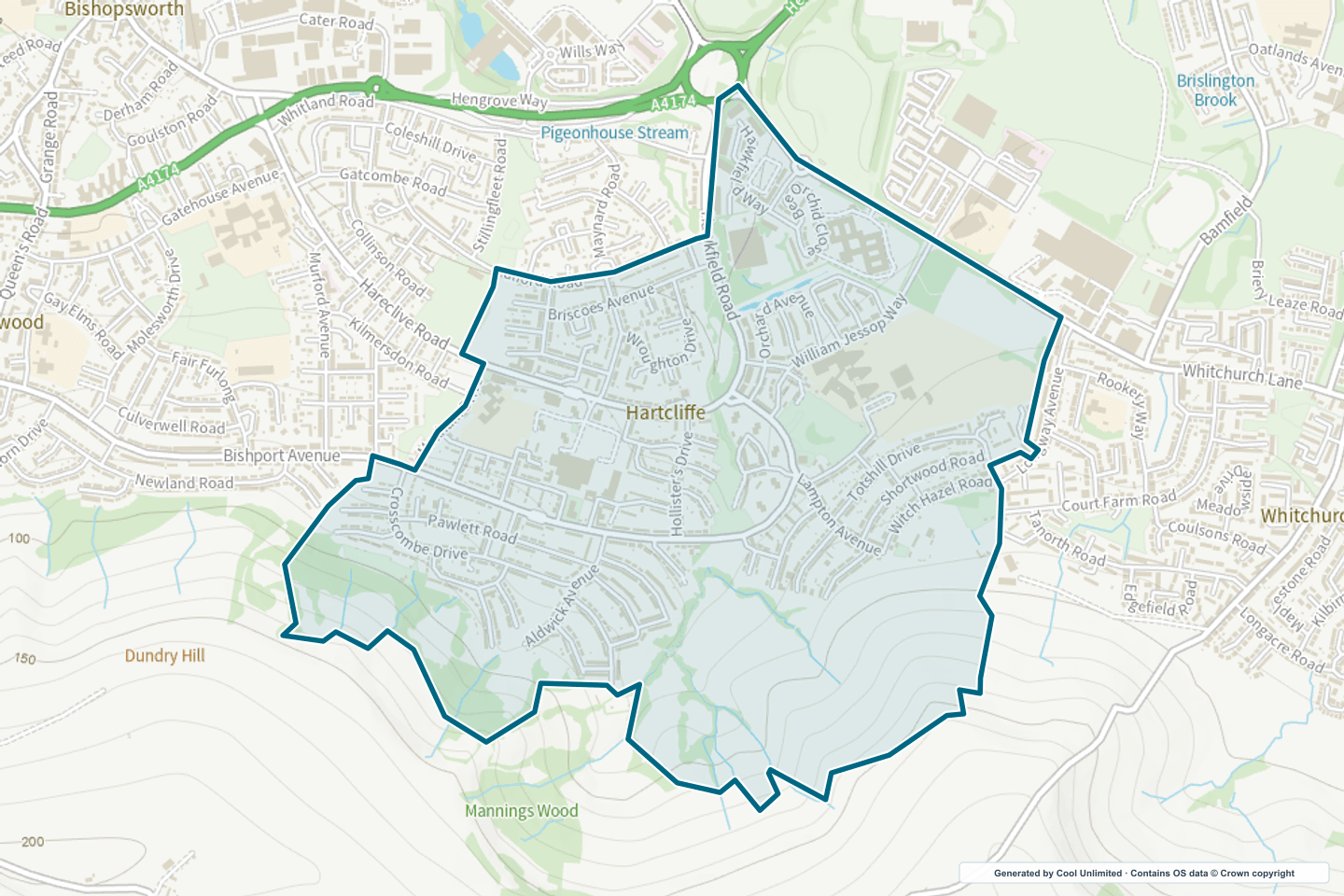 OS OpenData Outdoor map showing the approximate Hartcliffe selection geography outlined in blue