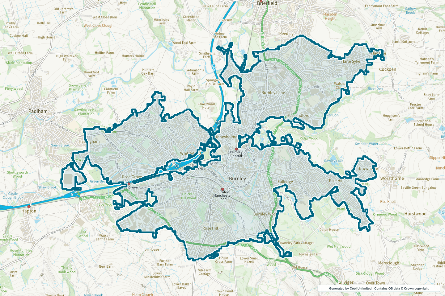 OS OpenData Outdoor map showing the approximate Burnley selection geography outlined in blue