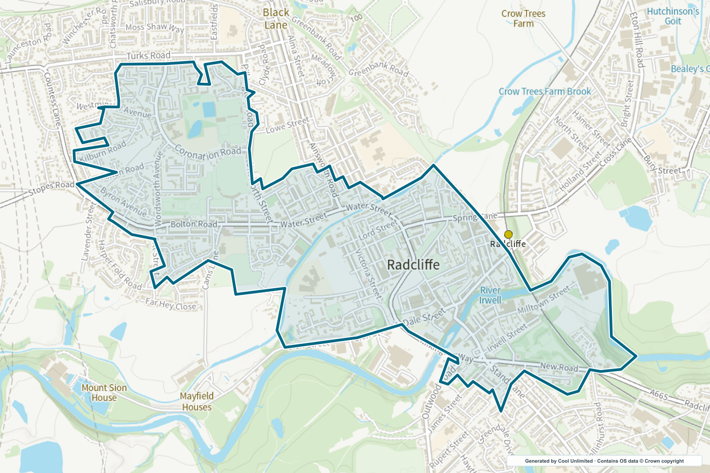 OS OpenData Outdoor map showing the approximate Radcliffe selection geography outlined in blue