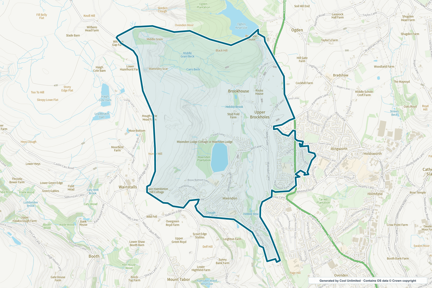 OS OpenData Outdoor map showing the approximate Mixenden selection geography outlined in blue