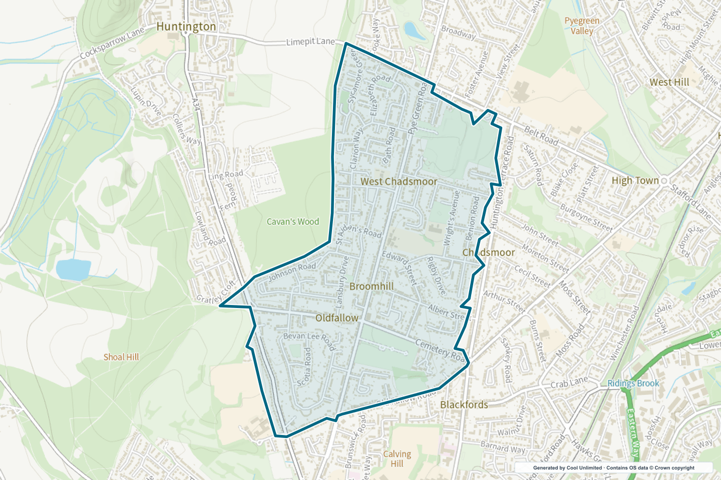 OS OpenData Outdoor map showing the approximate Cannock North selection geography outlined in blue