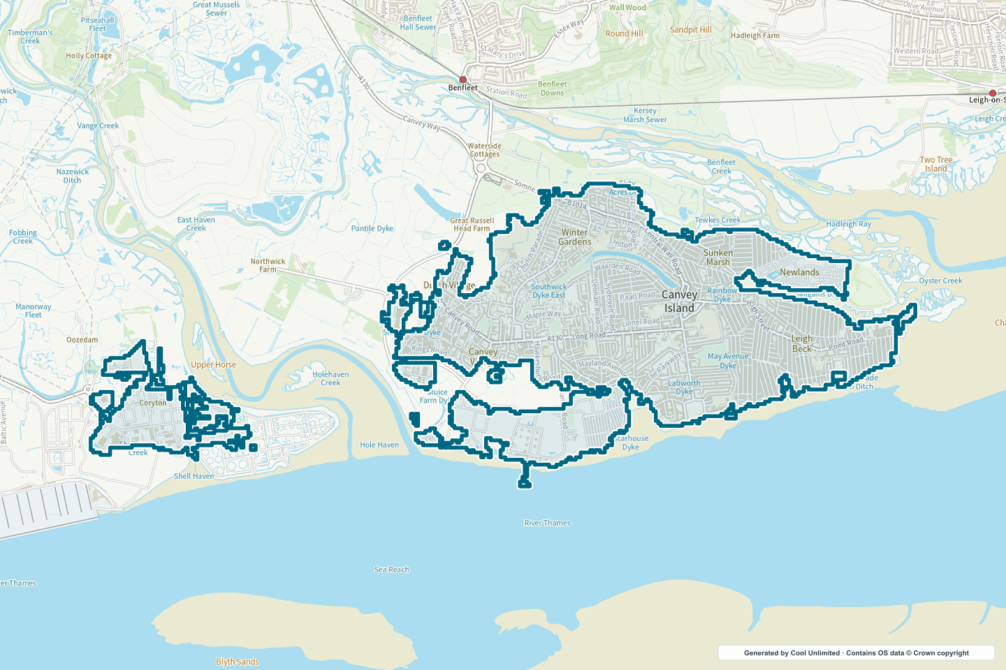 OS OpenData Outdoor map showing the approximate Canvey Island selection geography outlined in blue