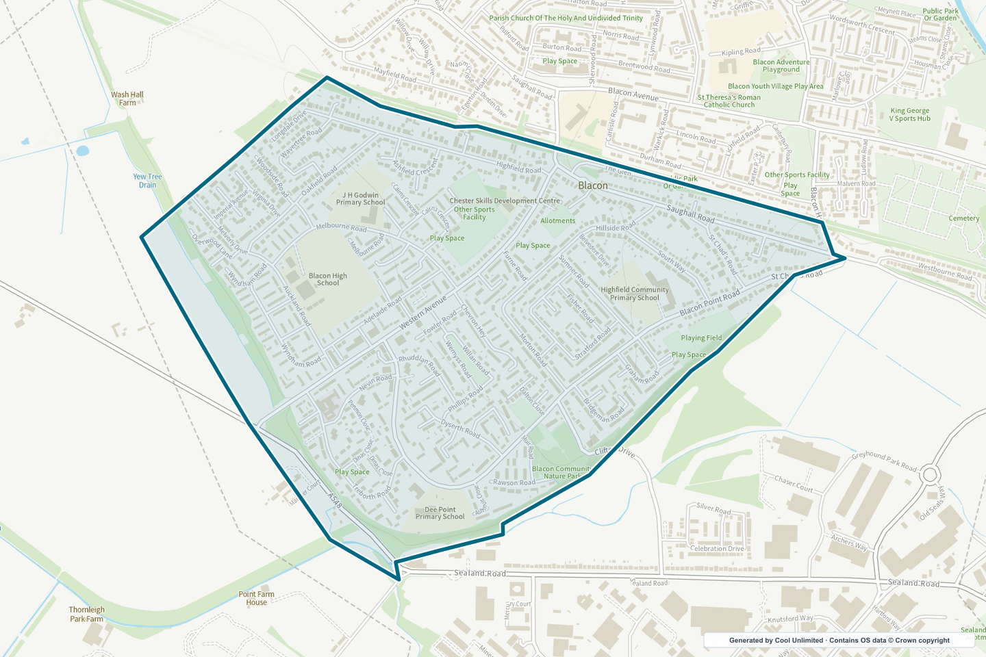 OS OpenData Outdoor map showing the approximate Blacon South selection geography outlined in blue