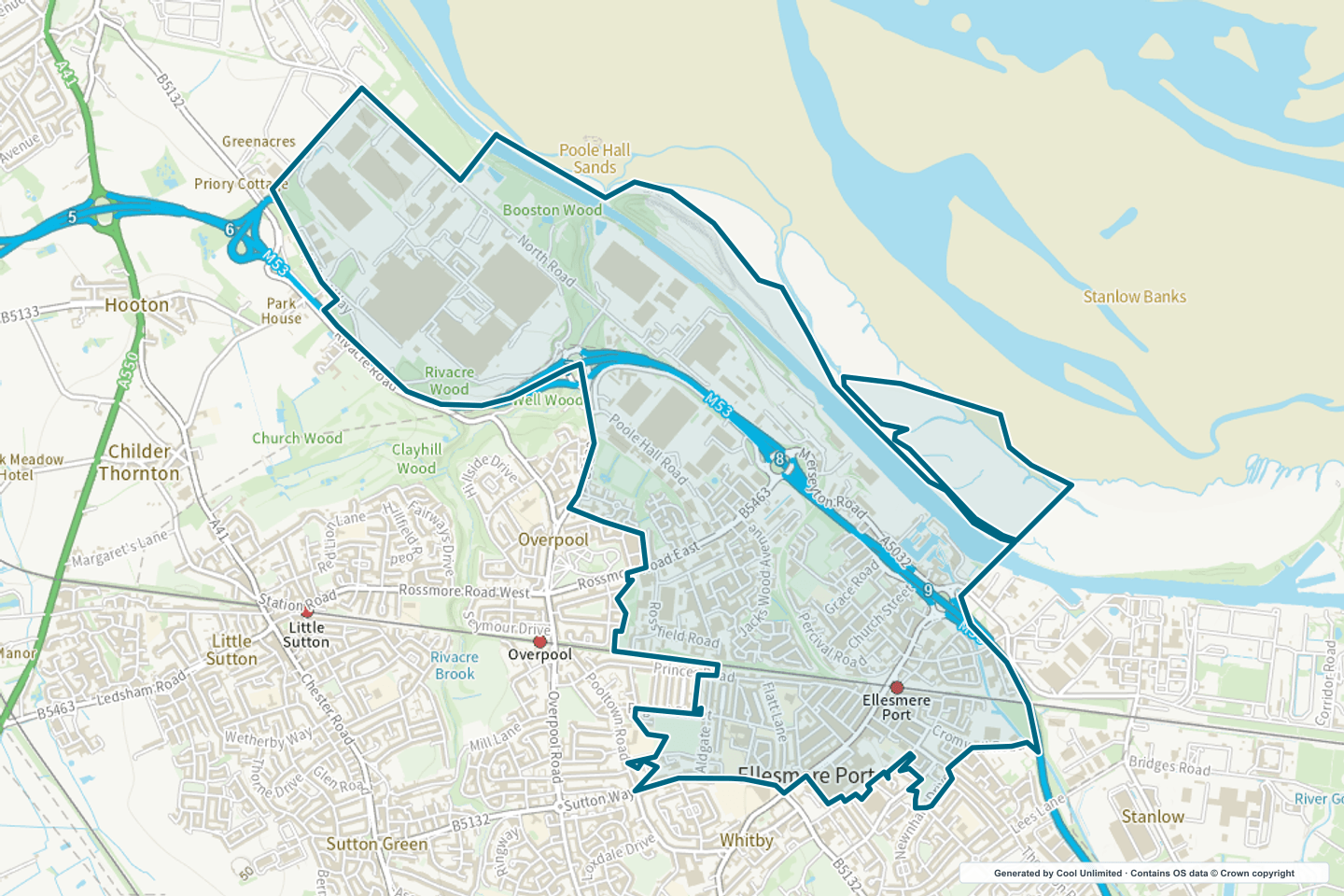 OS OpenData Outdoor map showing the approximate Ellesmere Port Town & Rossmore selection geography outlined in blue