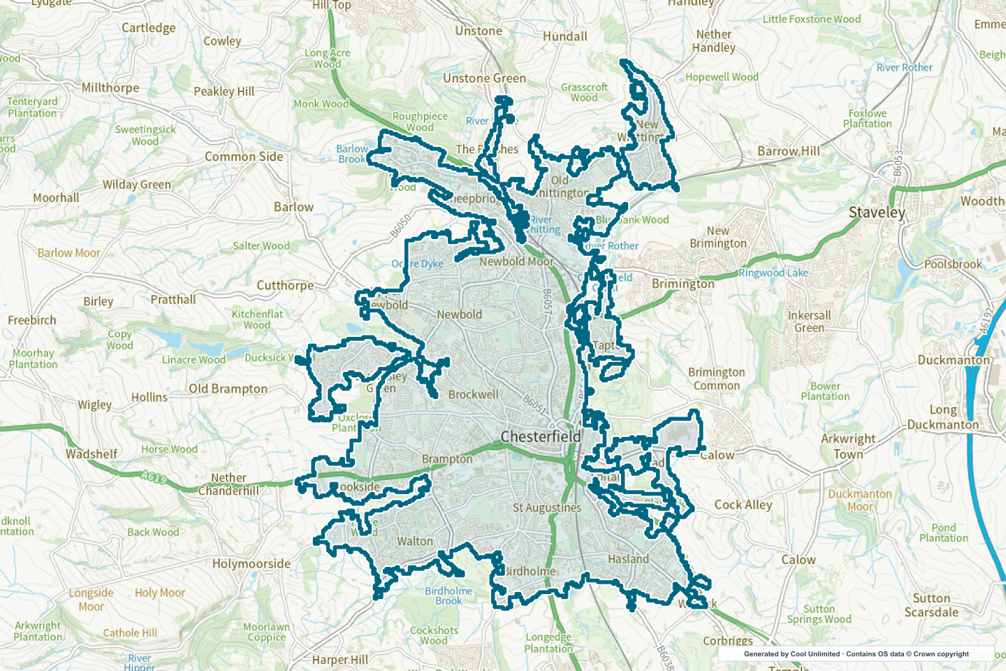 OS OpenData Outdoor map showing the approximate Chesterfield selection geography outlined in blue