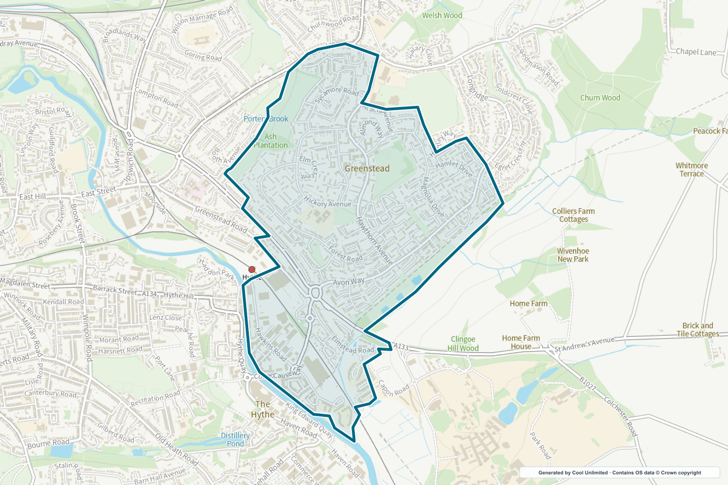 OS OpenData Outdoor map showing the approximate Greenstead selection geography outlined in blue