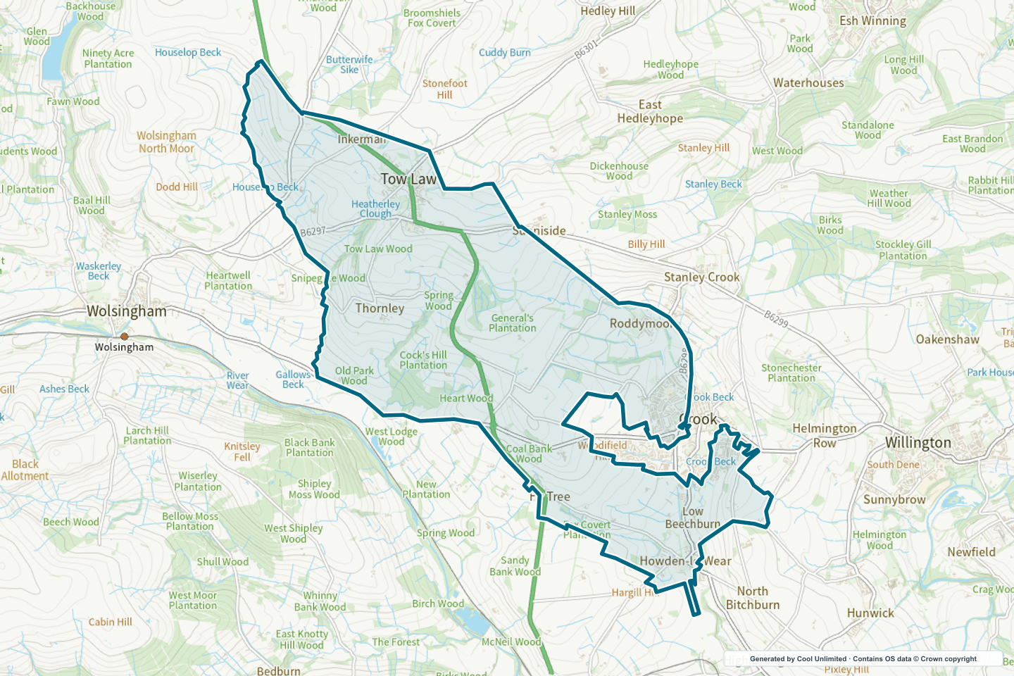 OS OpenData Outdoor map showing the approximate Crook North & Tow Law selection geography outlined in blue